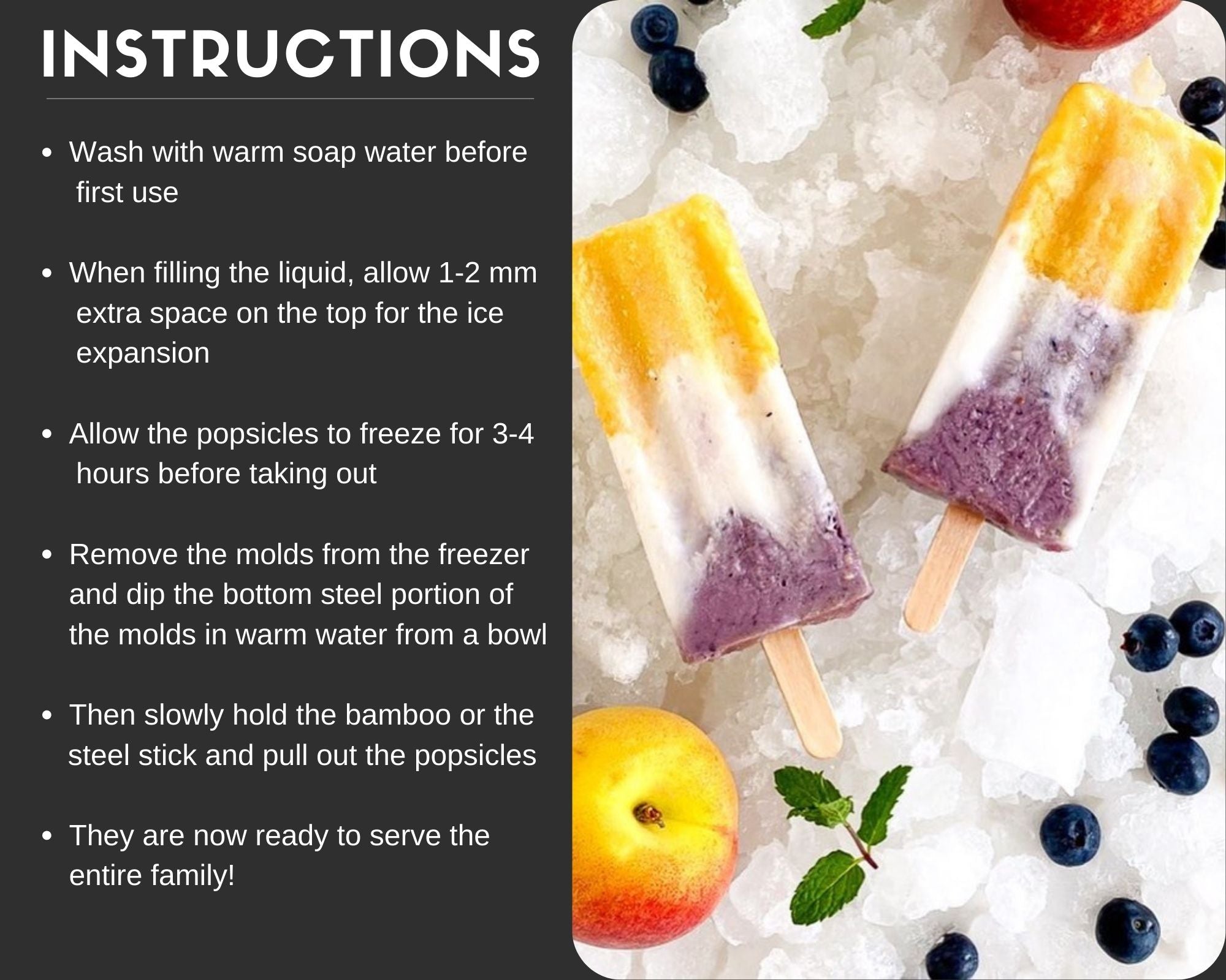 Plastic-free popsicle molds with reusable stainless steel sticks. Eco-friendly, dishwasher safe, and perfect for homemade frozen treats. Shop sustainable!