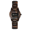 Back view of Joycoast Atlantic dark sandalwood wooden watch showing case and engraving detail