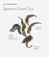 Dried jasmine green tea leaves with descriptive text on a white background