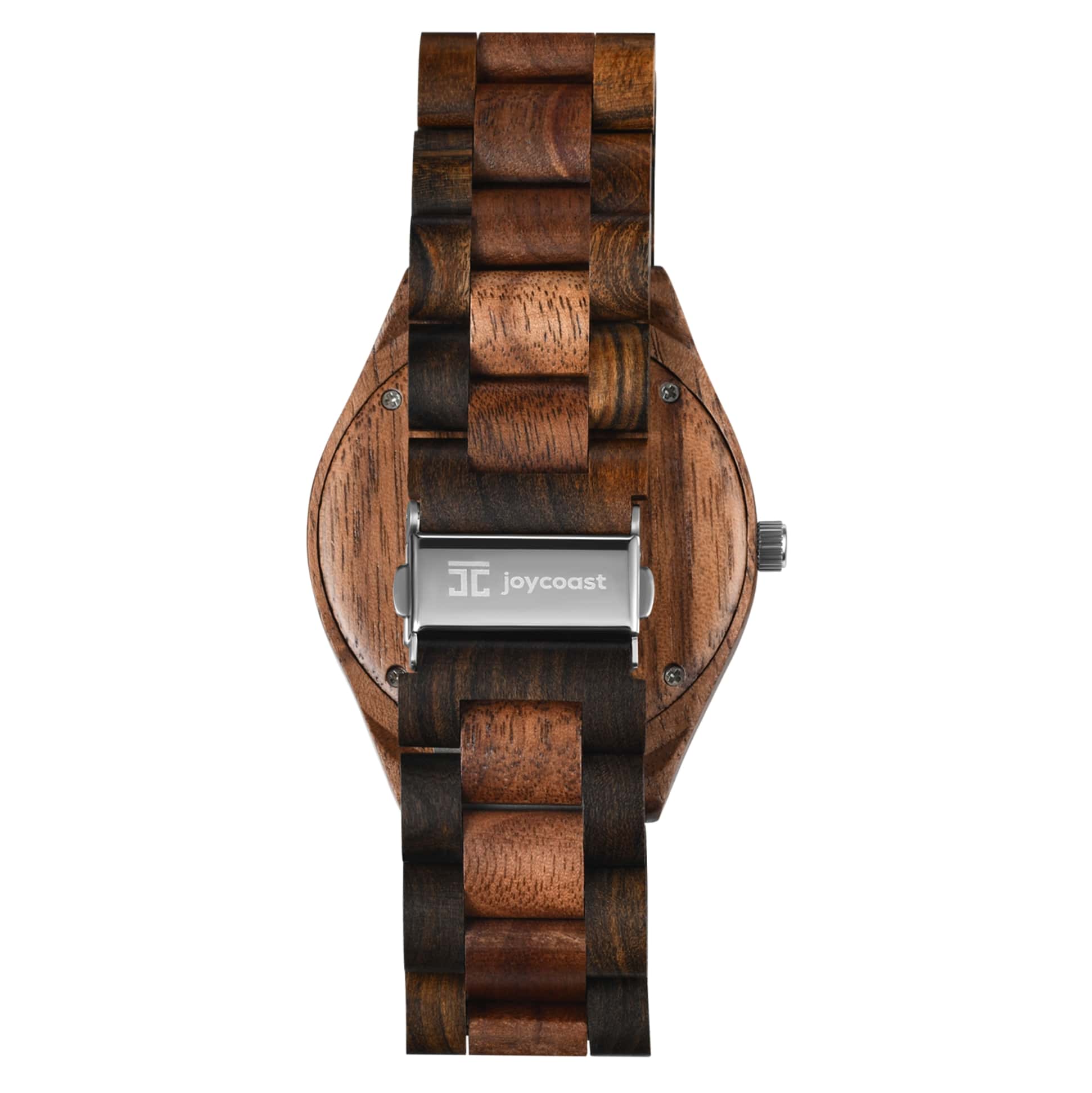 Wooden watch with brand logo on a white background
