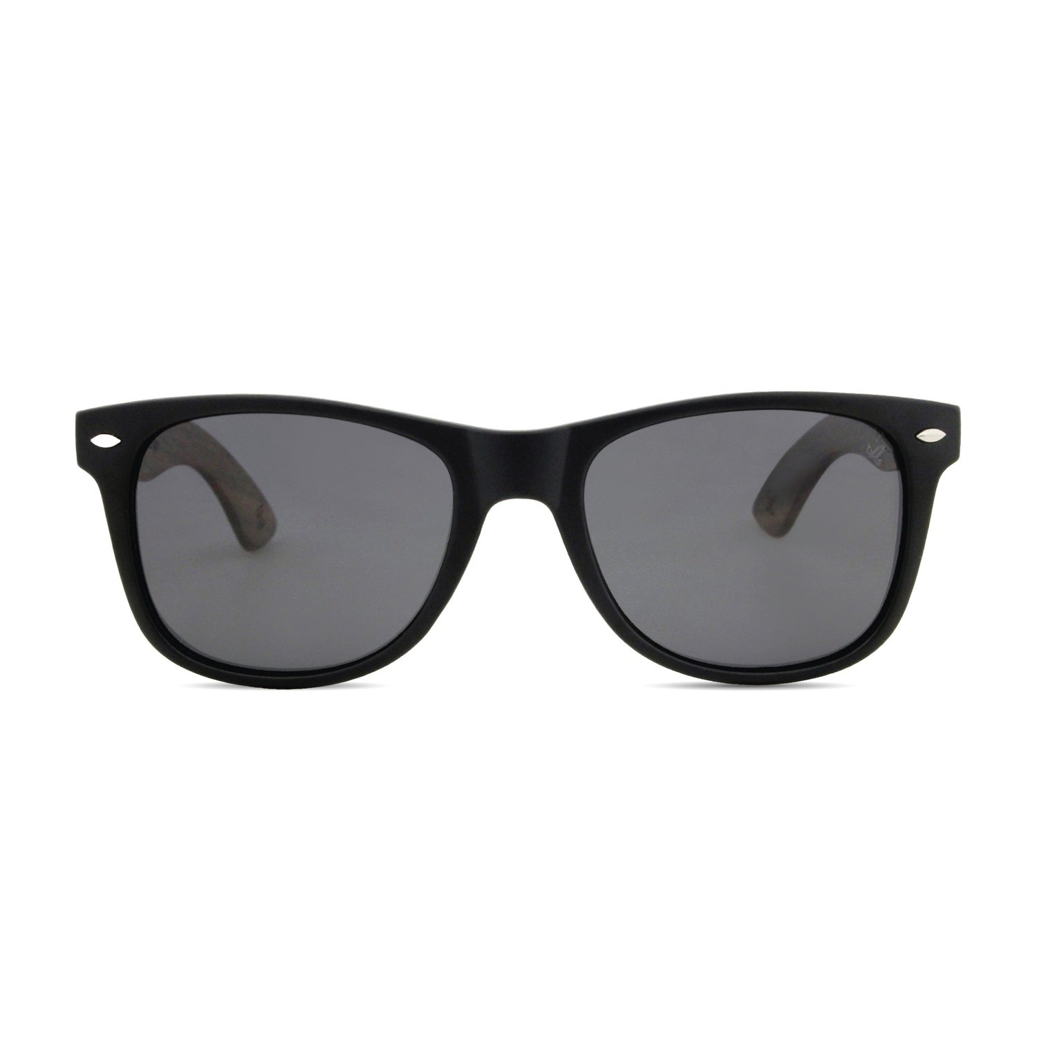 Mozz wooden sunglasses front view showing walnut frame and bridge