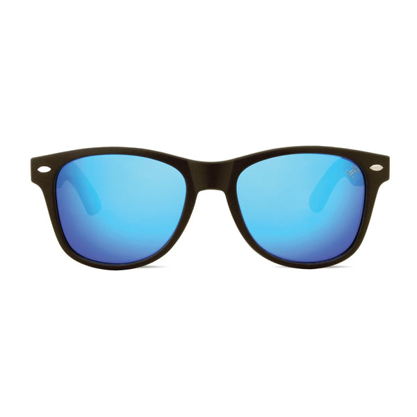 Zebu Kids Wooden Sunglasses front view with natural Zebrawood frame and 100% UV protection blue lenses by Joycoast