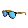 Zebu Kids Wooden Sunglasses side view showing Zebrawood frame and blue polarized lenses by Joycoast