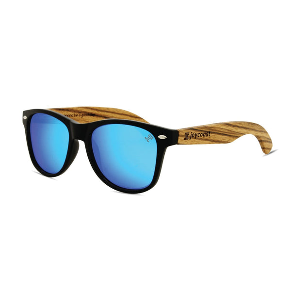 Zebu Kids Wooden Sunglasses side view showing Zebrawood frame and blue polarized lenses by Joycoast
