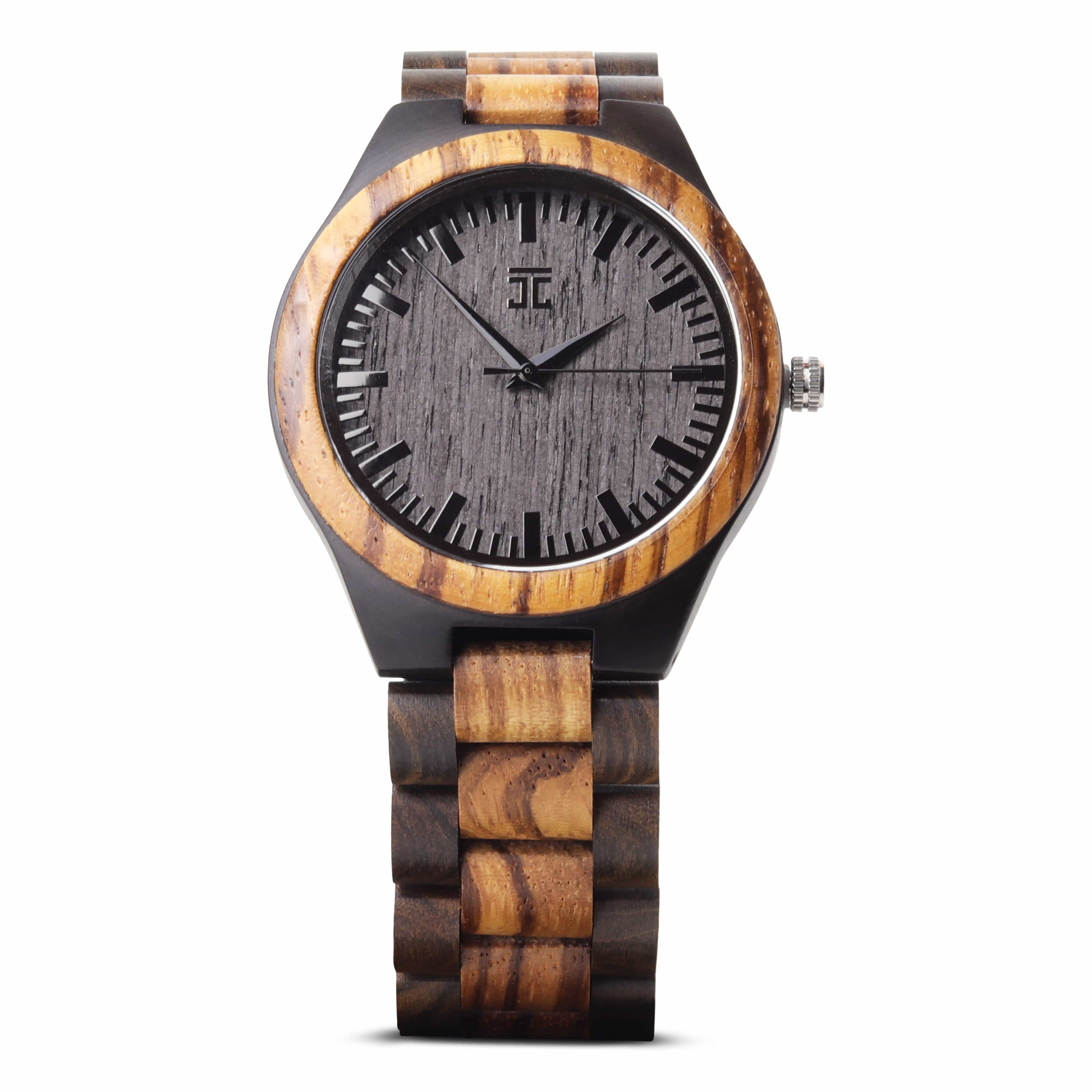 Wooden watch with a black face on a white background