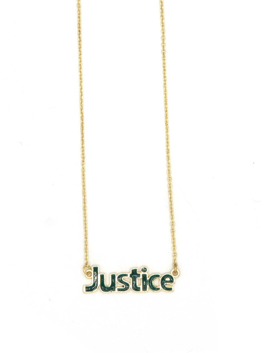 Fair Anita Justice enameled word necklace in dark green and brass-plated recycled metal