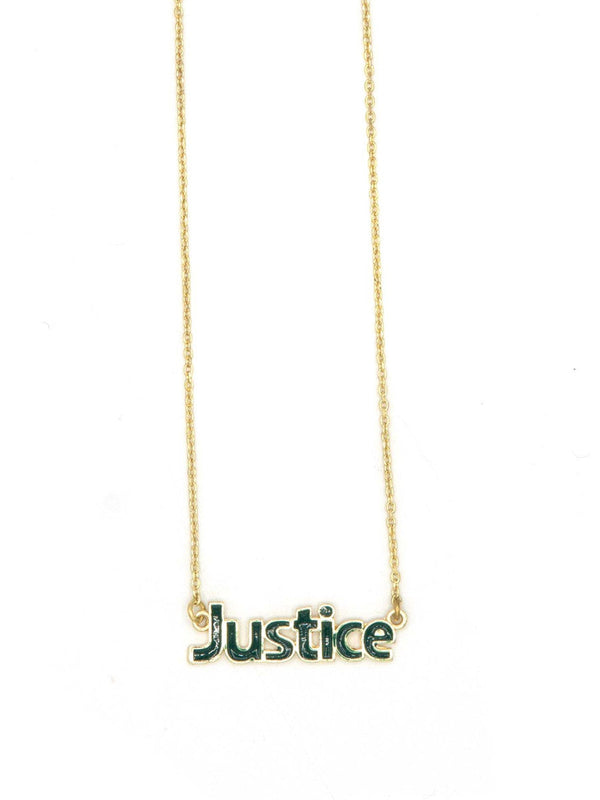 Fair Anita Justice enameled word necklace in dark green and brass-plated recycled metal