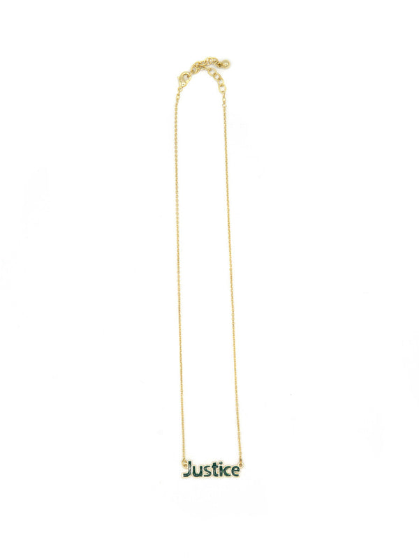 Fair Anita Justice necklace flat lay on neutral background showing brass-plated recycled metal detail