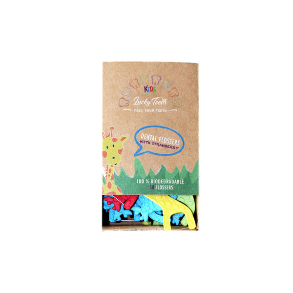 Pack of dental flossers with cartoon characters on a white background