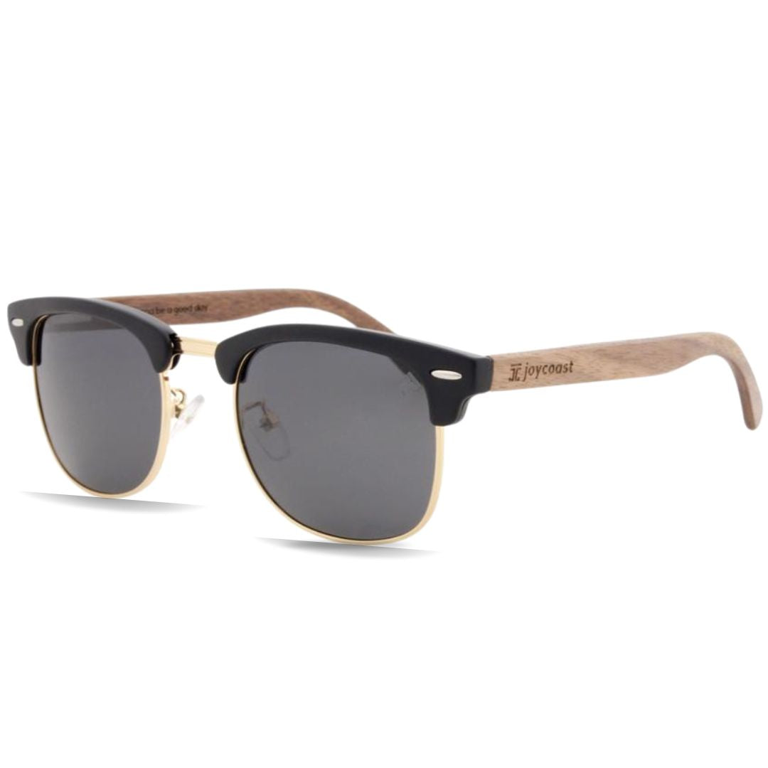 Kennedy walnut wood sunglasses side view by Joycoast – polarized grey lenses