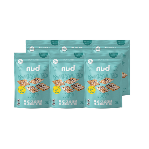 Craving "everything bagel" flavor on keto? NUD Everything Flax Crackers satisfy without the carbs! Made with pure, organic ingredients, they offer 1g net carbs, 5g fiber, & 5g protein. Enjoy them plain or with dips for a delicious & nutritious snack. Shop now & experience the NUD difference!
