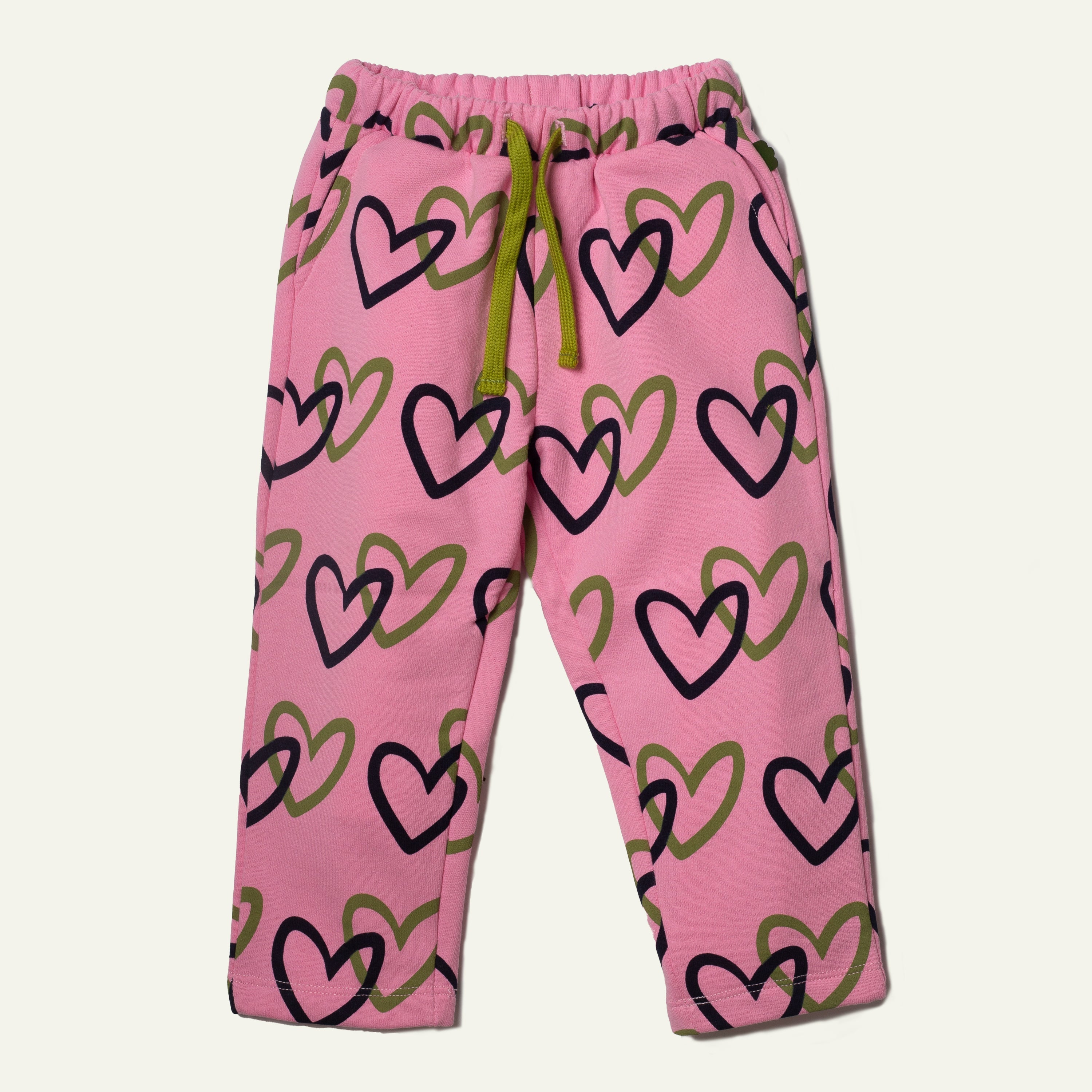 Mon Coeur recycled cotton kids' jogger pants with multicolored heart print and adjustable waistband, made in Portugal