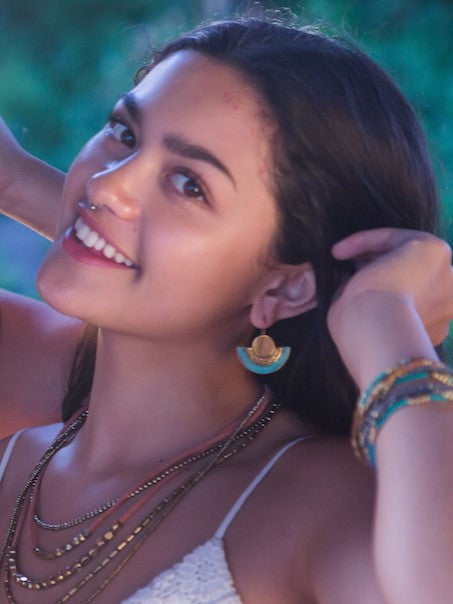 Model wearing Fair Anita Pueblo Patina southwest-inspired recycled copper earrings