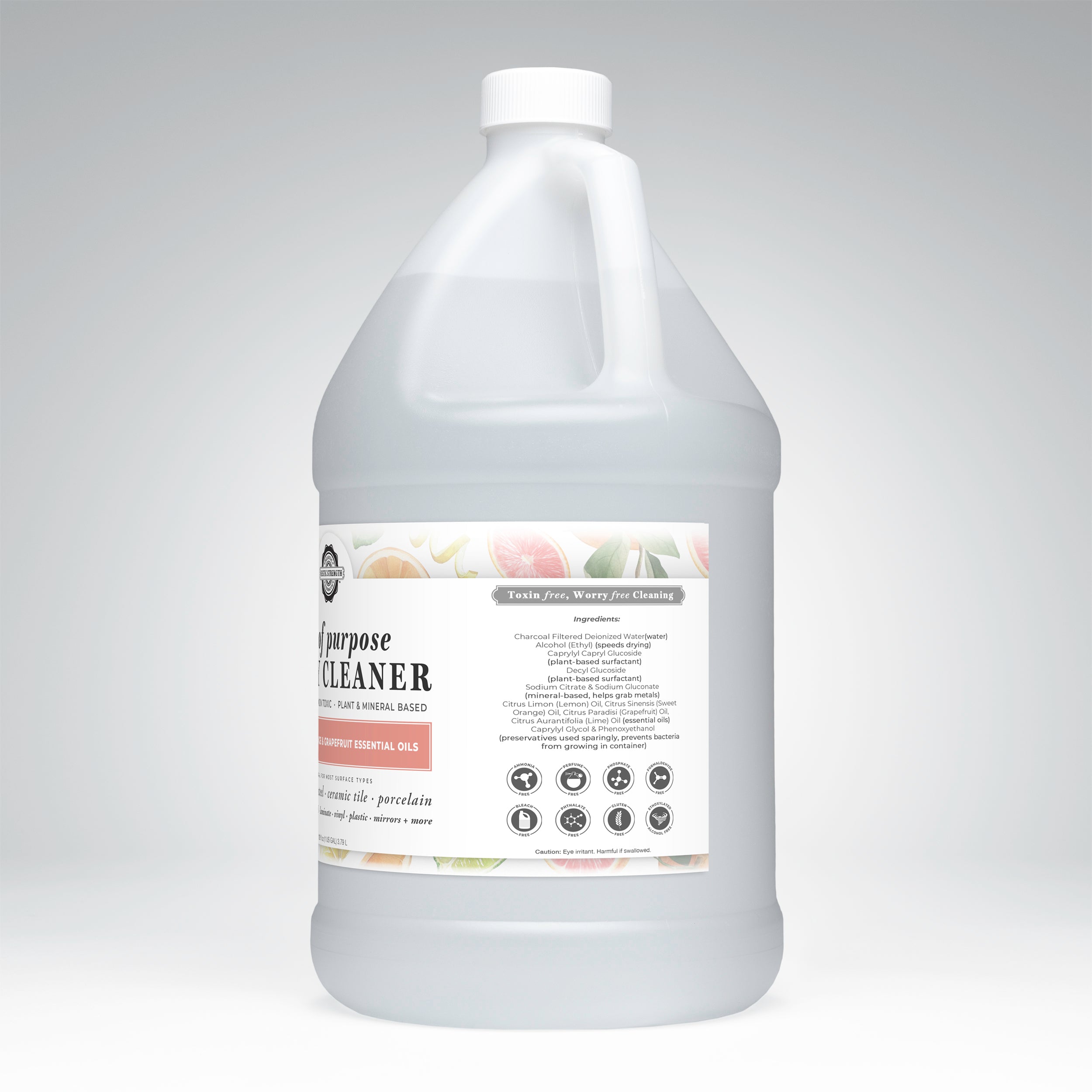 Gallon bottle of all-purpose cleaner on a gray background