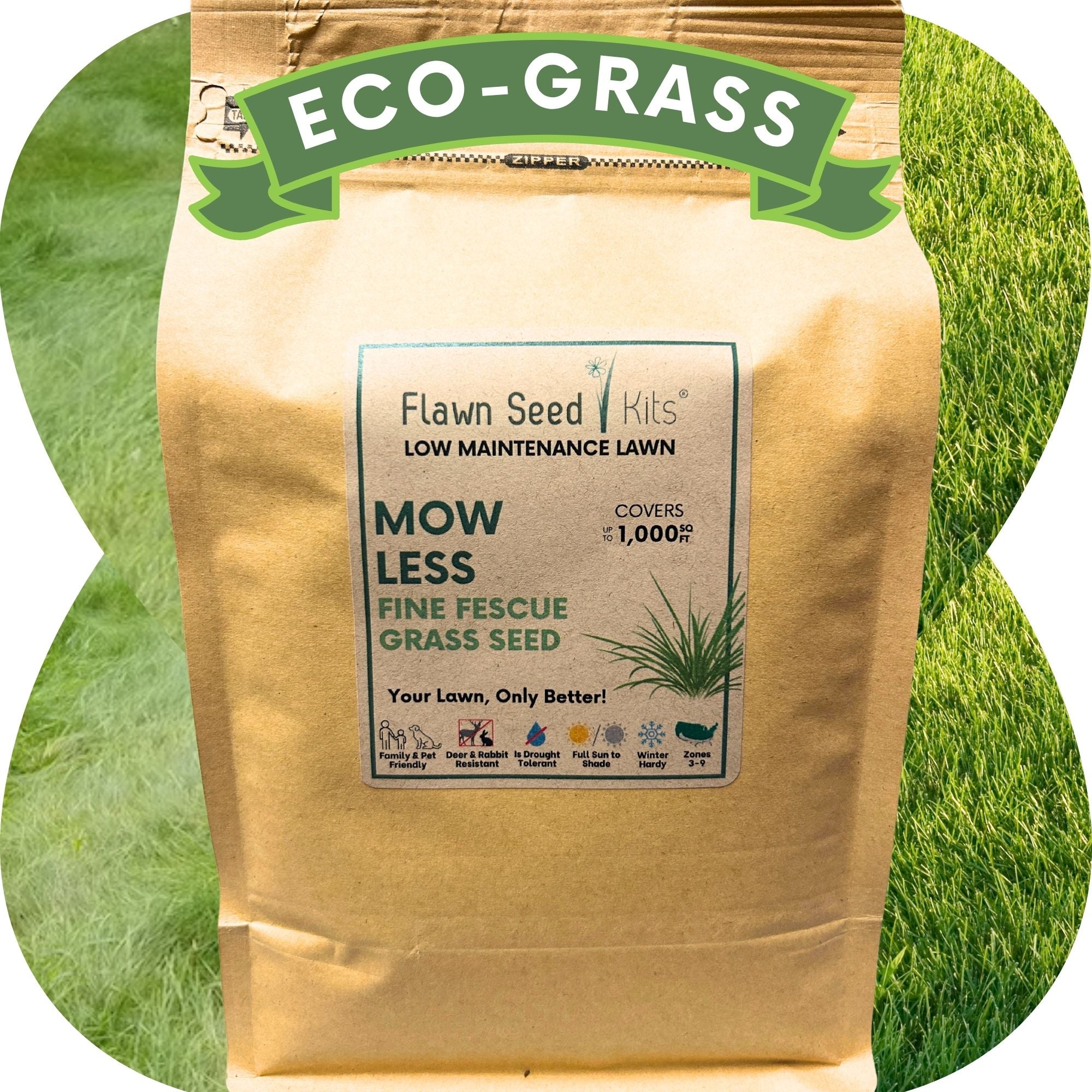 Bag of Flawn Seed Kits eco-grass seed with a green grass background