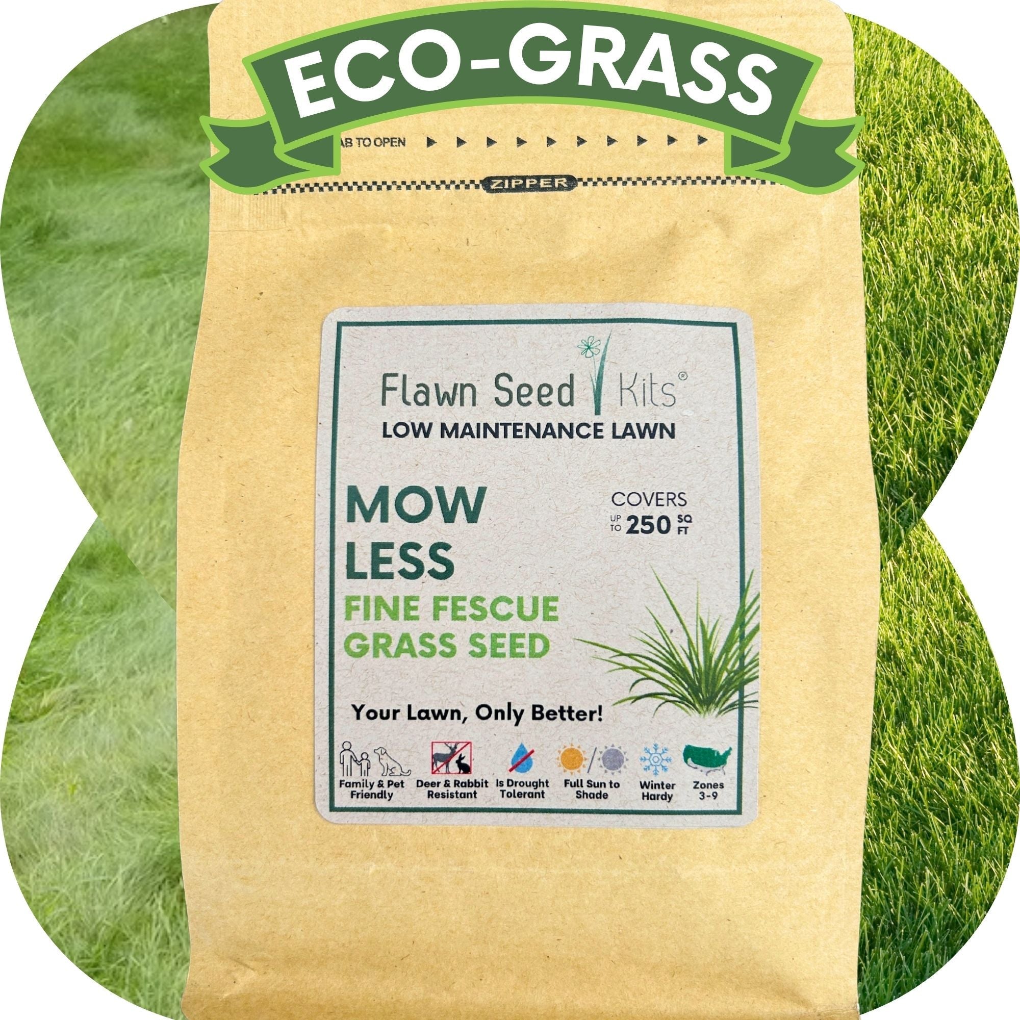 Flawn Seed Kits eco-grass seed package with green grass background