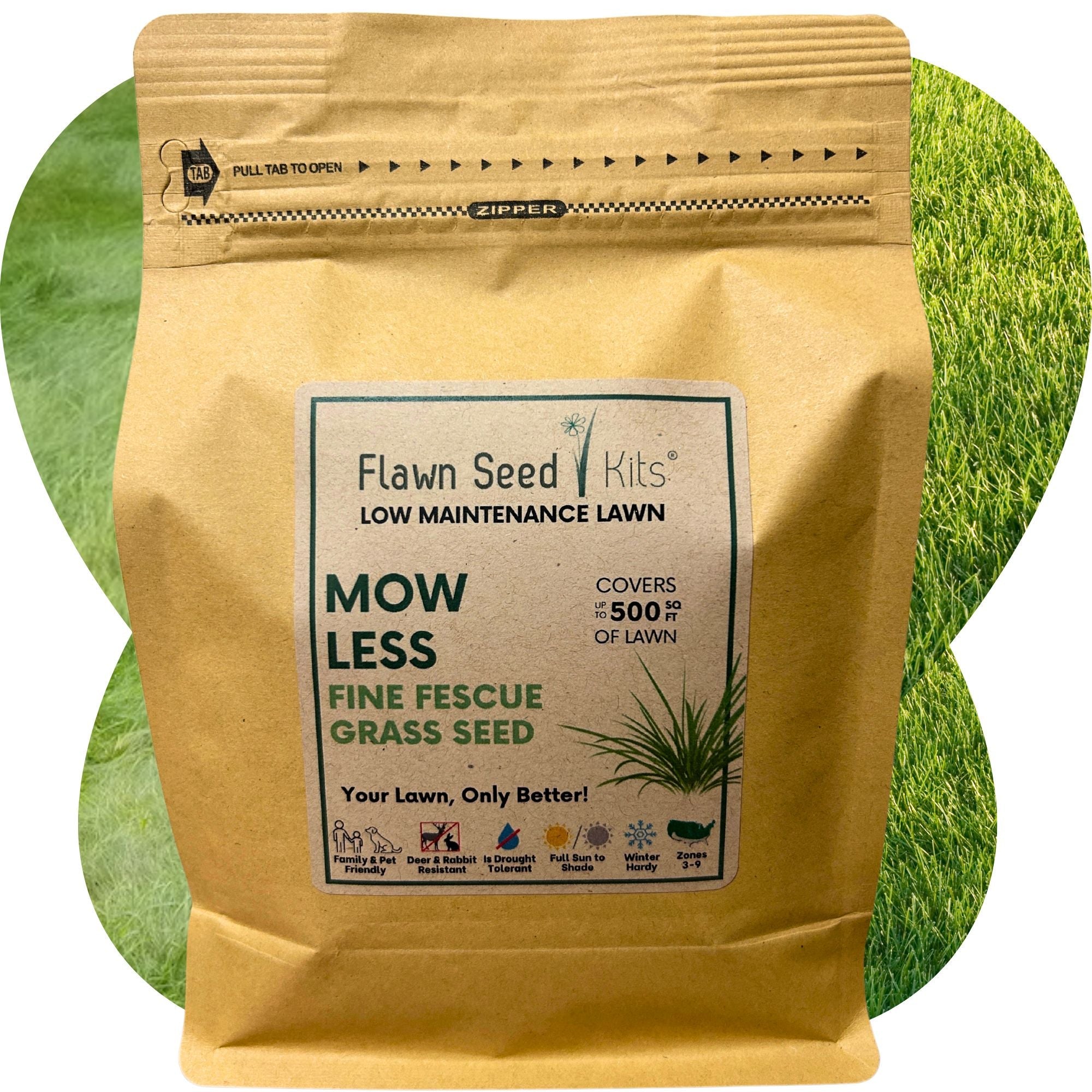 Flawn Seed Kits packaging with grass seed label on a green grass background