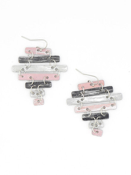 Dusty pink ladder earrings with soft pink, white and grey hand-painted details on silver frame