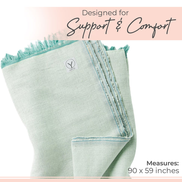 Light blue towel with frayed edges on a white background, featuring text about support and comfort.