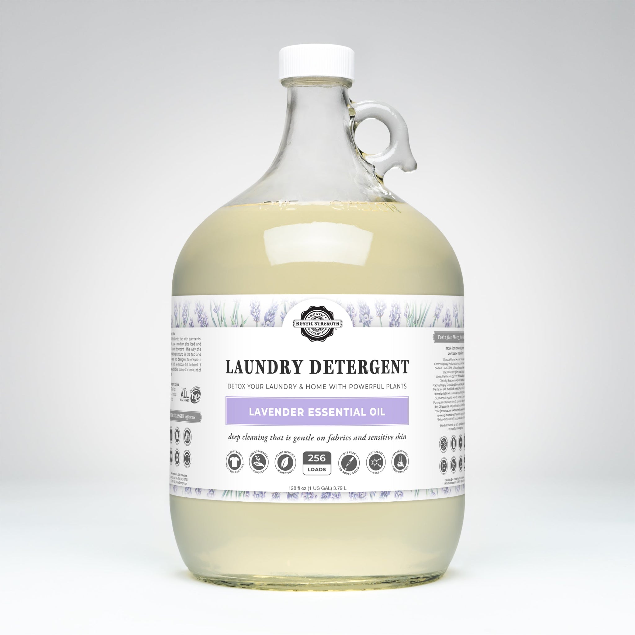 Large bottle of laundry detergent with a label on a white background