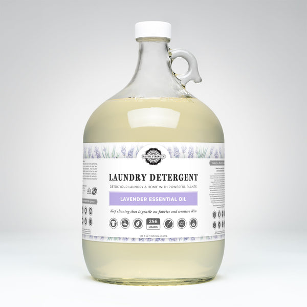 Large bottle of laundry detergent with a label on a white background