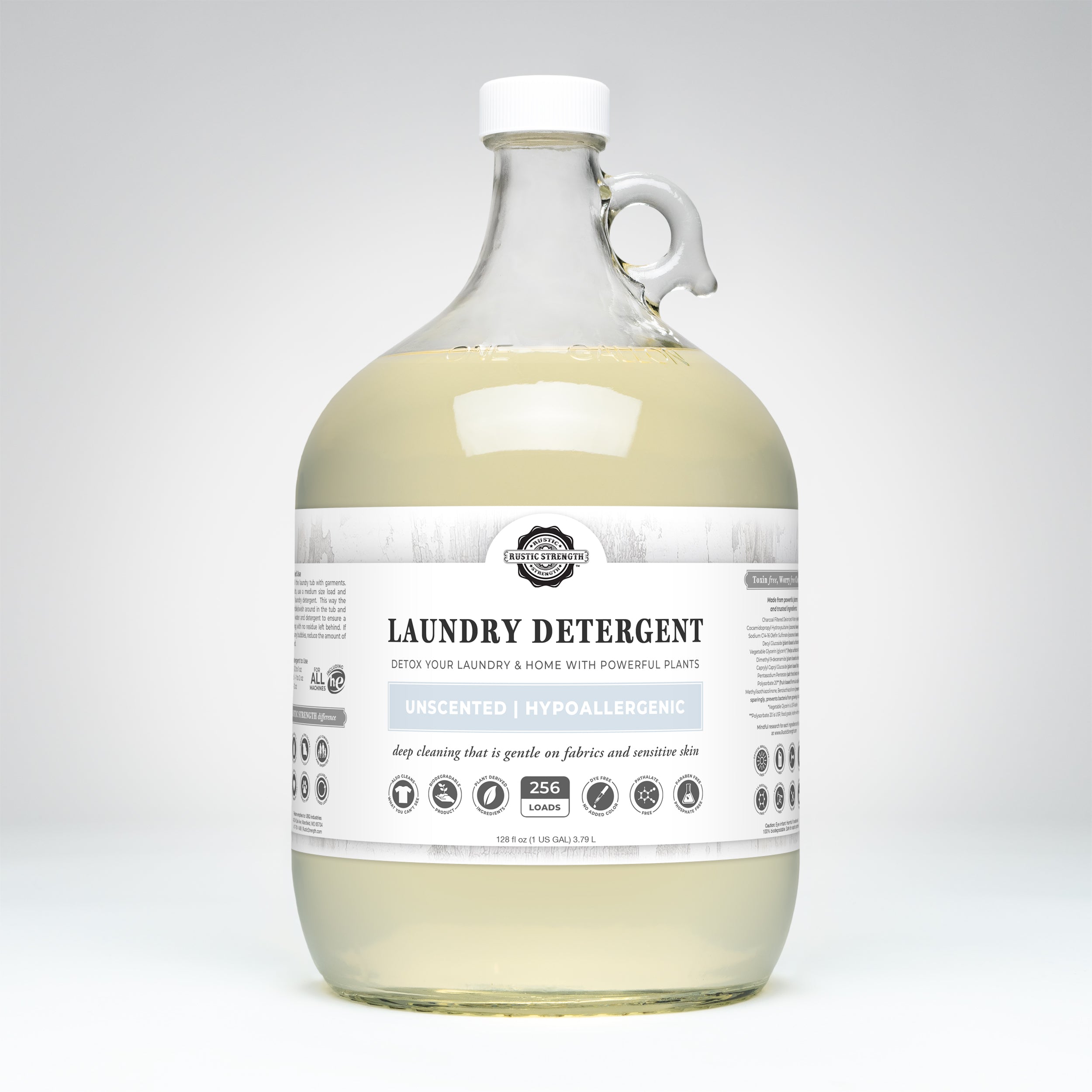 Rustic Strength unscented liquid laundry detergent in a gallon jug — plant-based and sensitive skin safe