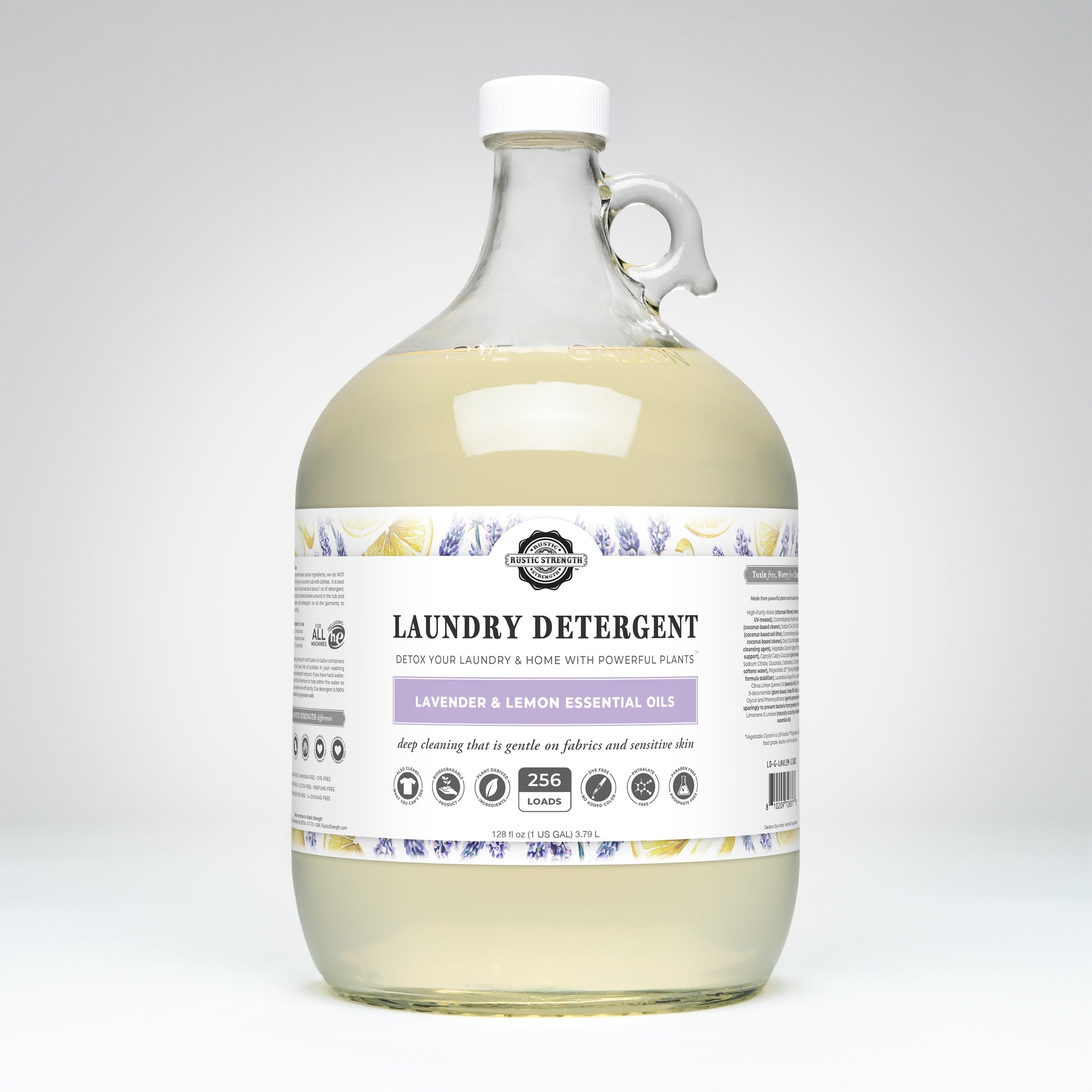Rustic Strength Lavender and Lemon Liquid Laundry Detergent gallon jug on a clean surface