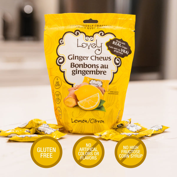 Product claims label for Lemon Ginger Chews highlighting non-GMO and gluten-free ingredients
