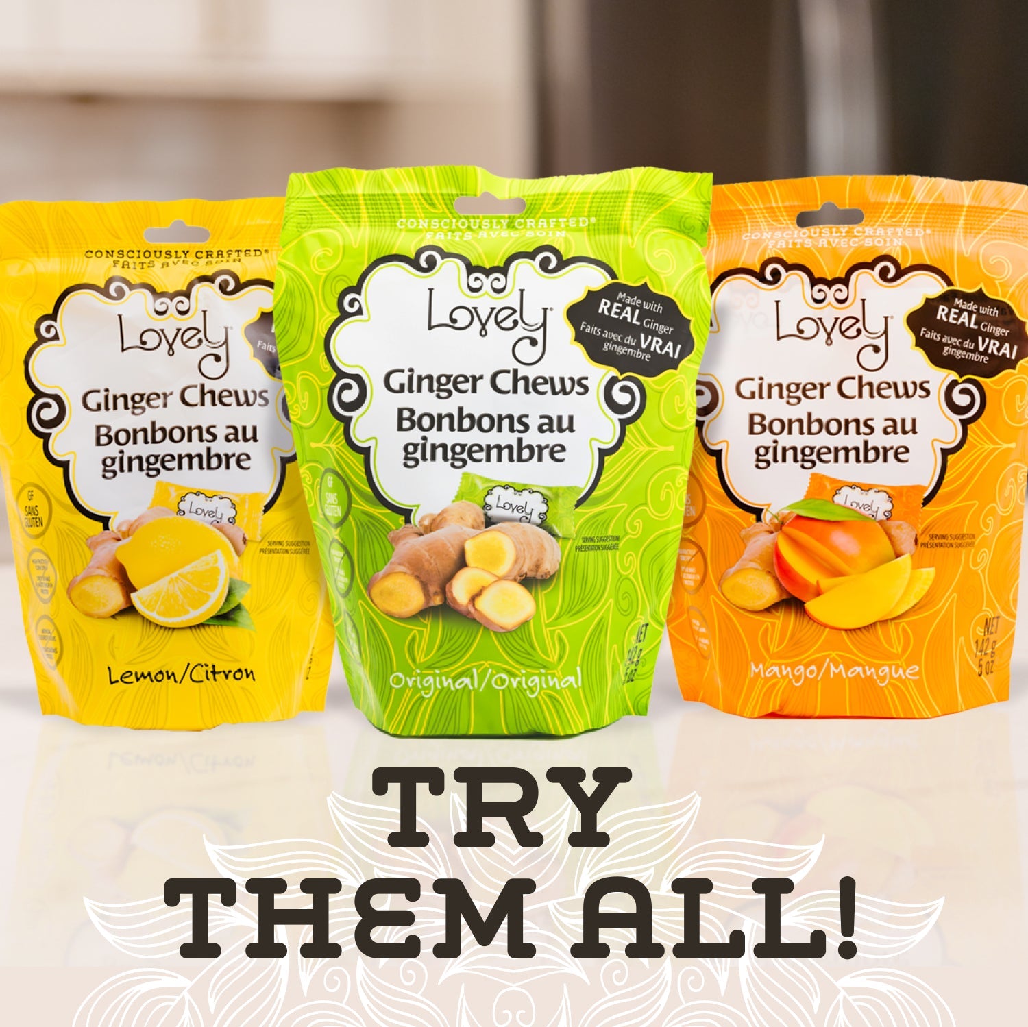 Three packages of Lovely Ginger Chews with different flavors on a light background.