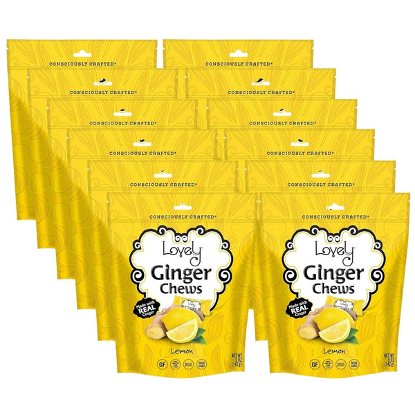 Multiple packages of Lovely Ginger Chews with lemon flavor on a white background