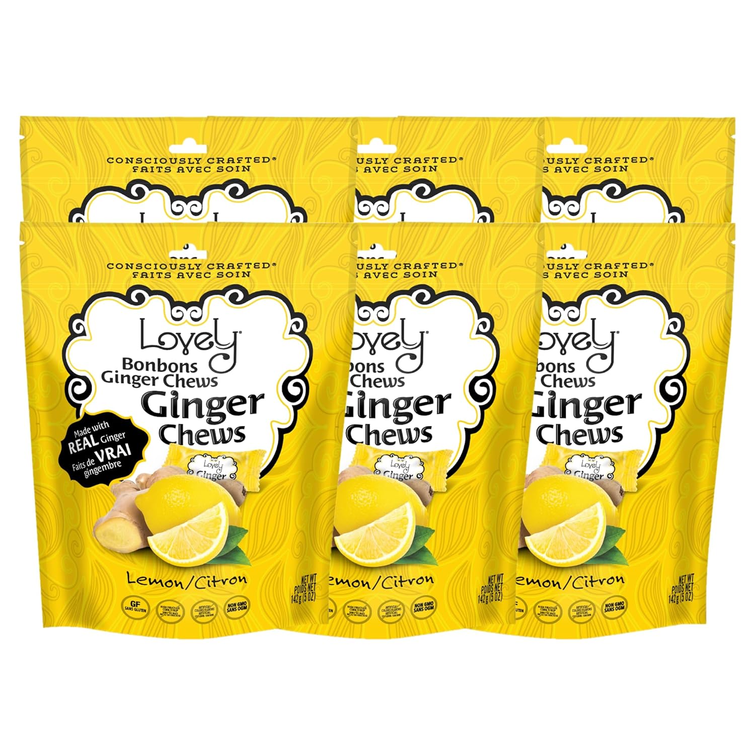 Pack of Lovely Ginger Chews lemon flavor on a white background