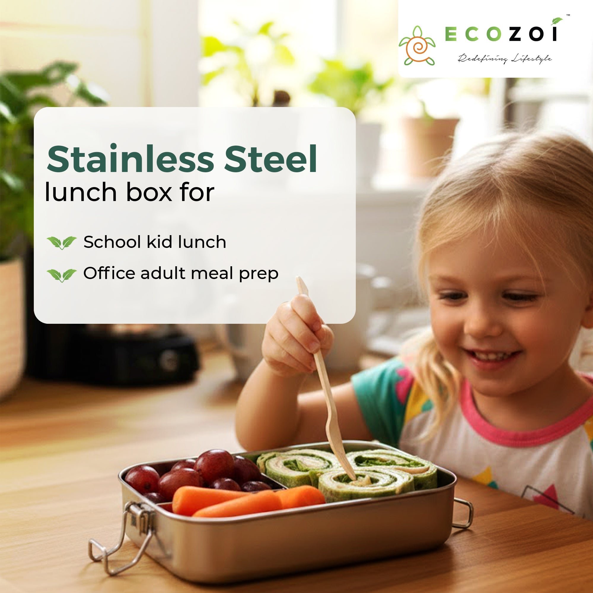 Ecozoi 3-Compartment Stainless Steel Bento Lunch Box – Leakproof, 24 Oz