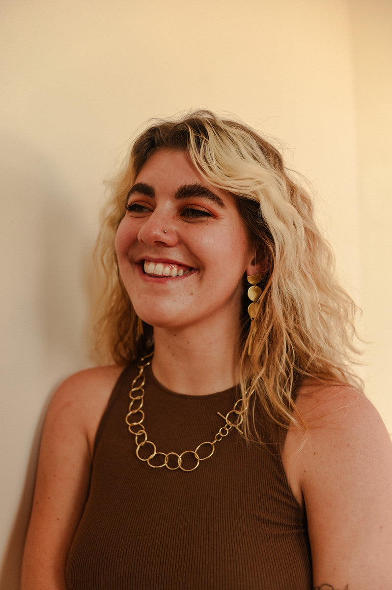 Light Loop Brass Chain Necklace worn as a layering necklace, ethically made in India by Fair Anita