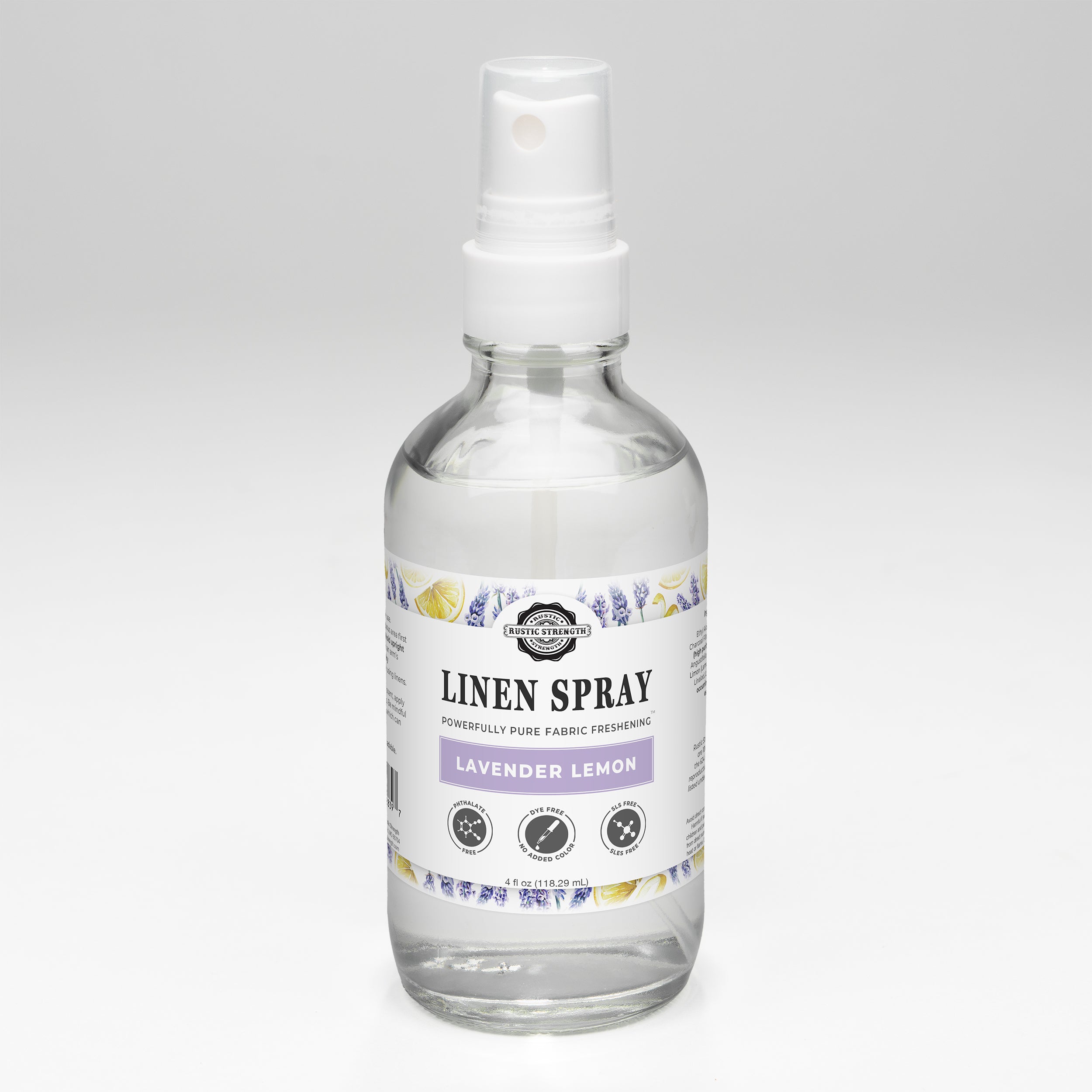 Rustic Strength Lavender and Lemon Linen Spray 4 oz bottle on a clean white surface