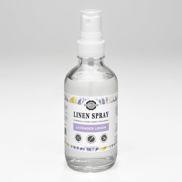 Rustic Strength Lavender and Lemon Linen Spray 4 oz bottle on a clean white surface