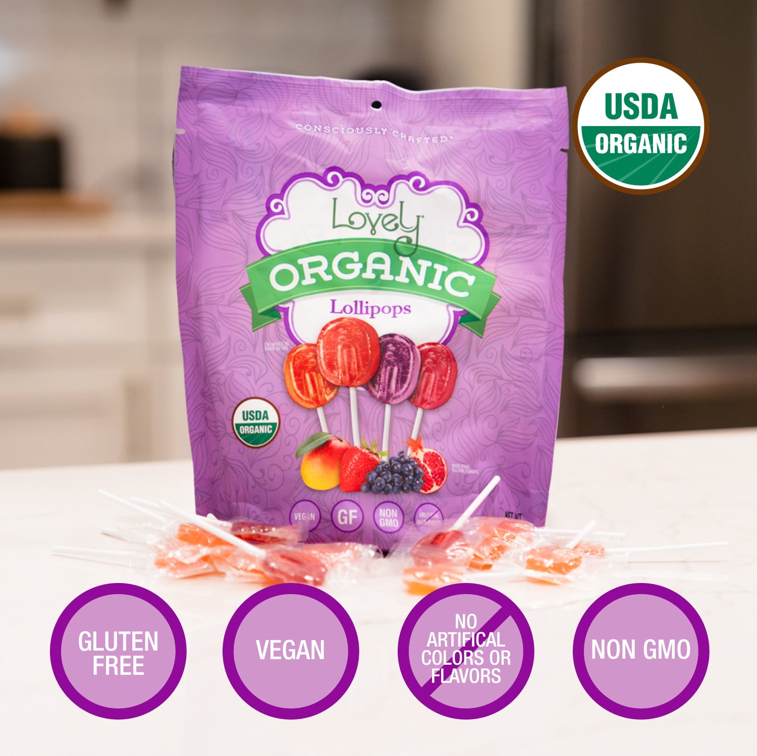 Organic Lollipops claims and certifications label