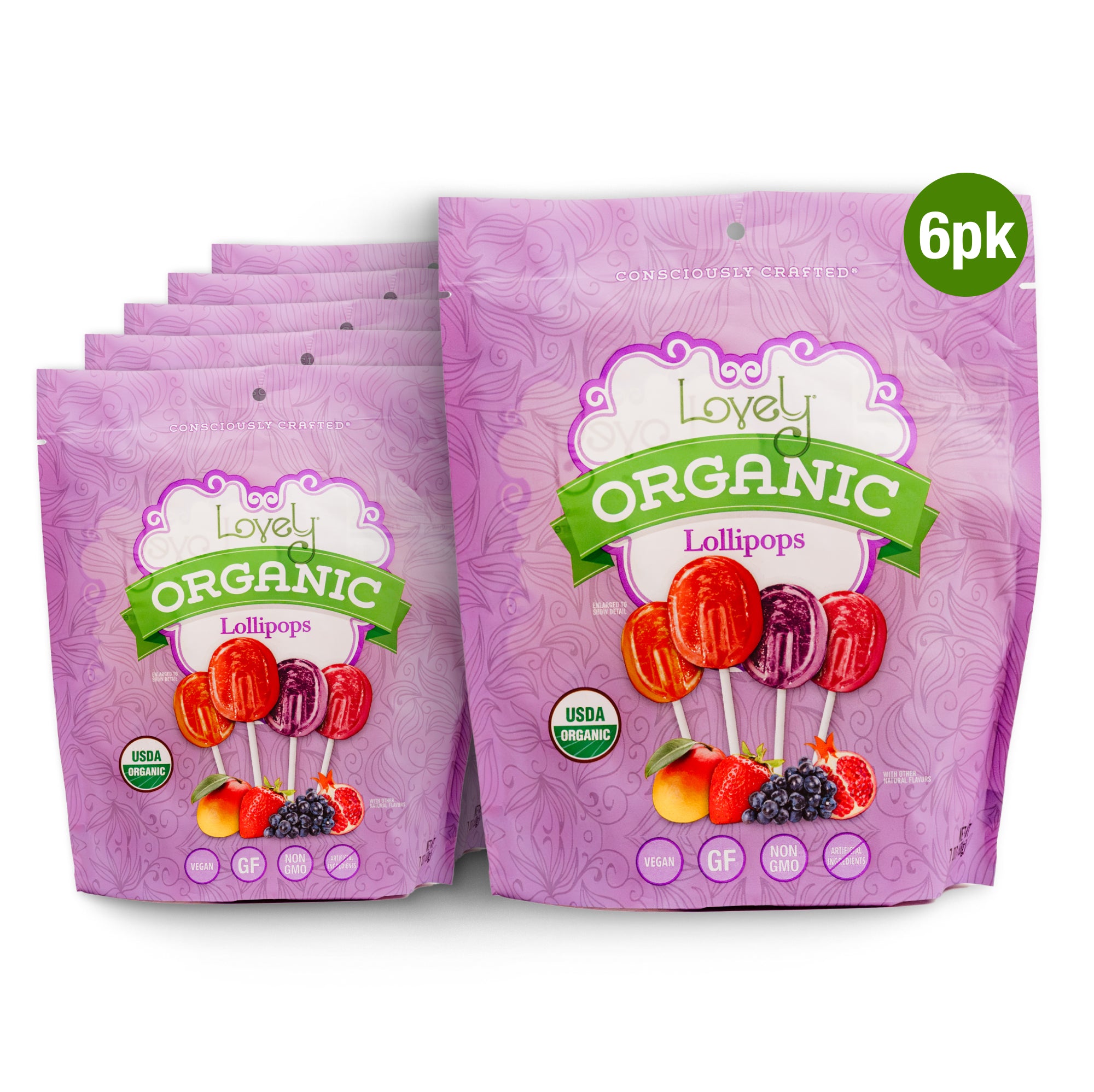 Packaging of Lovely Organic Lollipops with a 6-pack indication on a white background