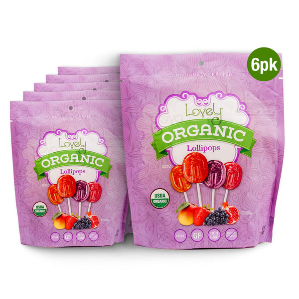 Packaging of Lovely Organic Lollipops with a 6-pack indication on a white background