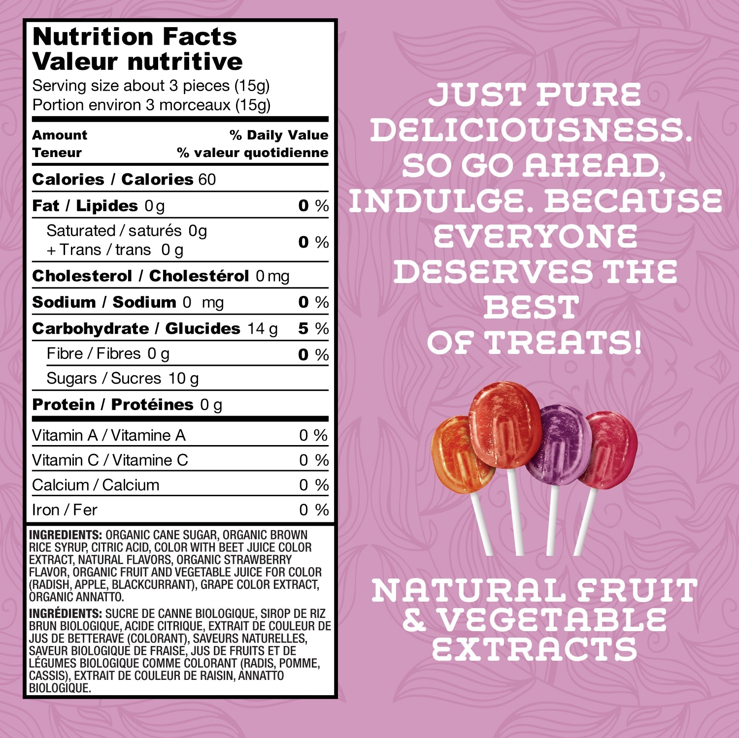 Nutrition facts panel for Lovely Candy Co. Organic Lollipops
