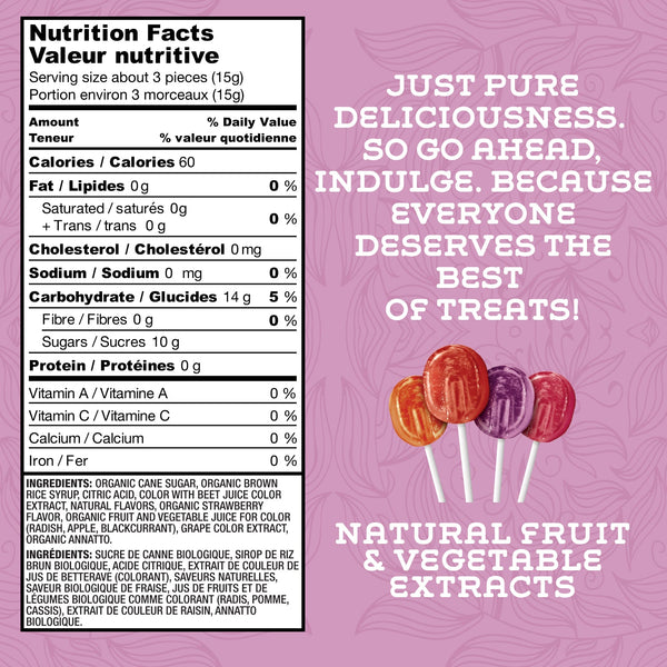 Organic Lollipops nutrition facts panel