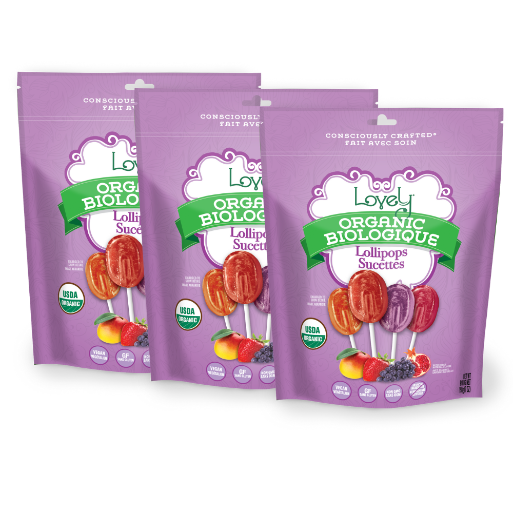 Organic Lollipops 7 oz bag by Lovely Candy Company, individually wrapped fruit flavor pops