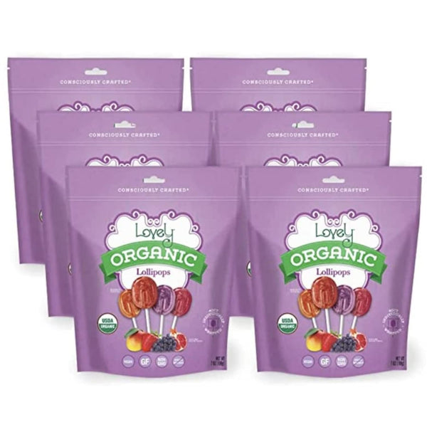 Multiple packages of Lovely Organic Lollipops on a white background