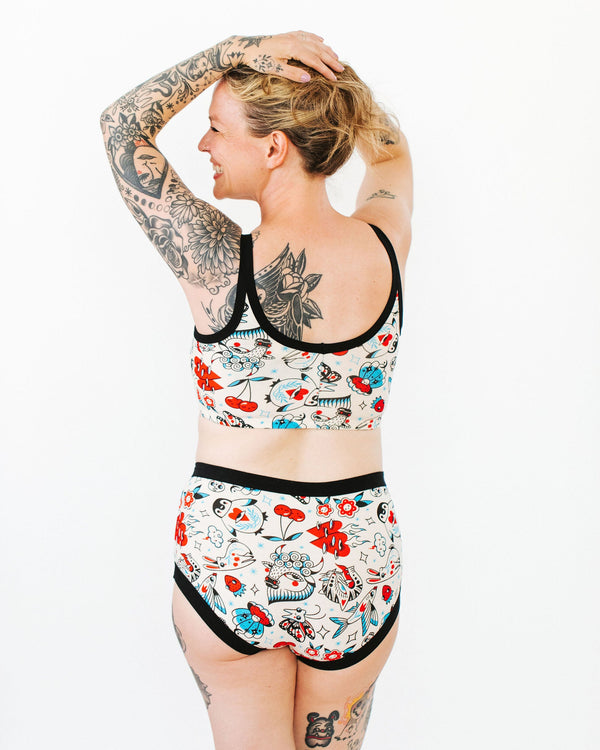 Thunderpants Inked Up Longline Bra — eco-friendly women's underwear with original artist print