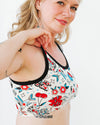 Side view of Thunderpants Longline Bra in Inked Up tattoo print, made in Oregon USA