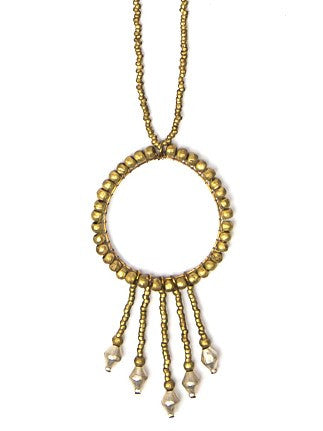 Long recycled brass bullet casing statement necklace by Fair Anita, 40 inches, handmade in Ethiopia