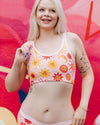 Close-up of Luna y Sol longline bra showing celestial print detail by Greta Menzies