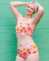 Model wearing Thunderpants Luna y Sol Longline Bra, size LG, front view