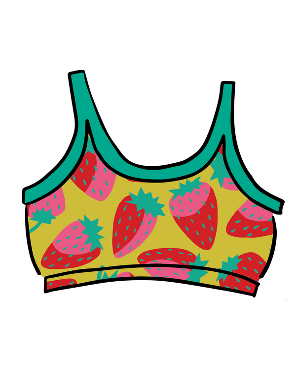 Colorful sports bra with strawberry pattern on a white background