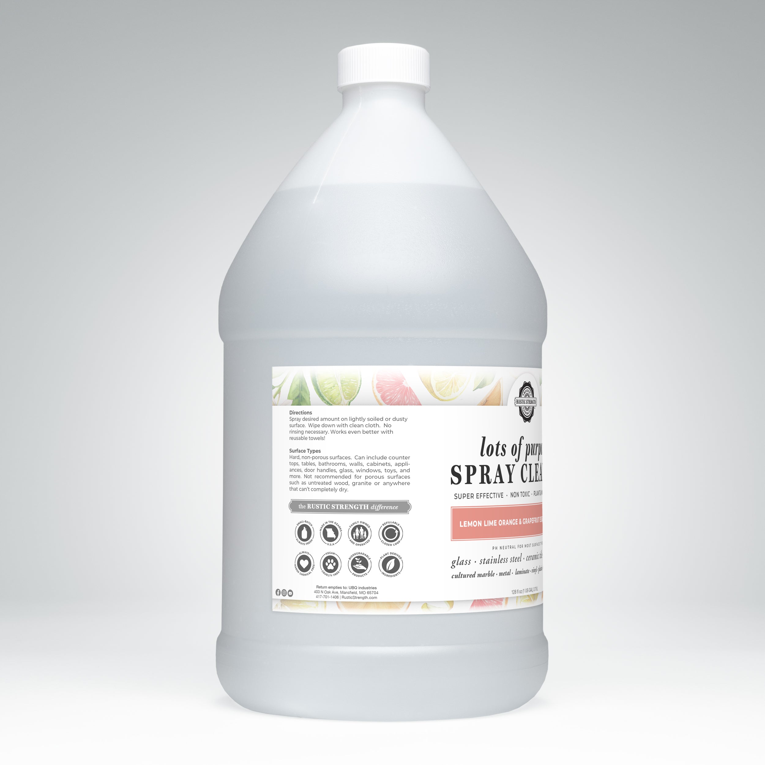 Rustic Strength Lots of Purpose plant-based spray cleaner gallon refill citrus scent side view