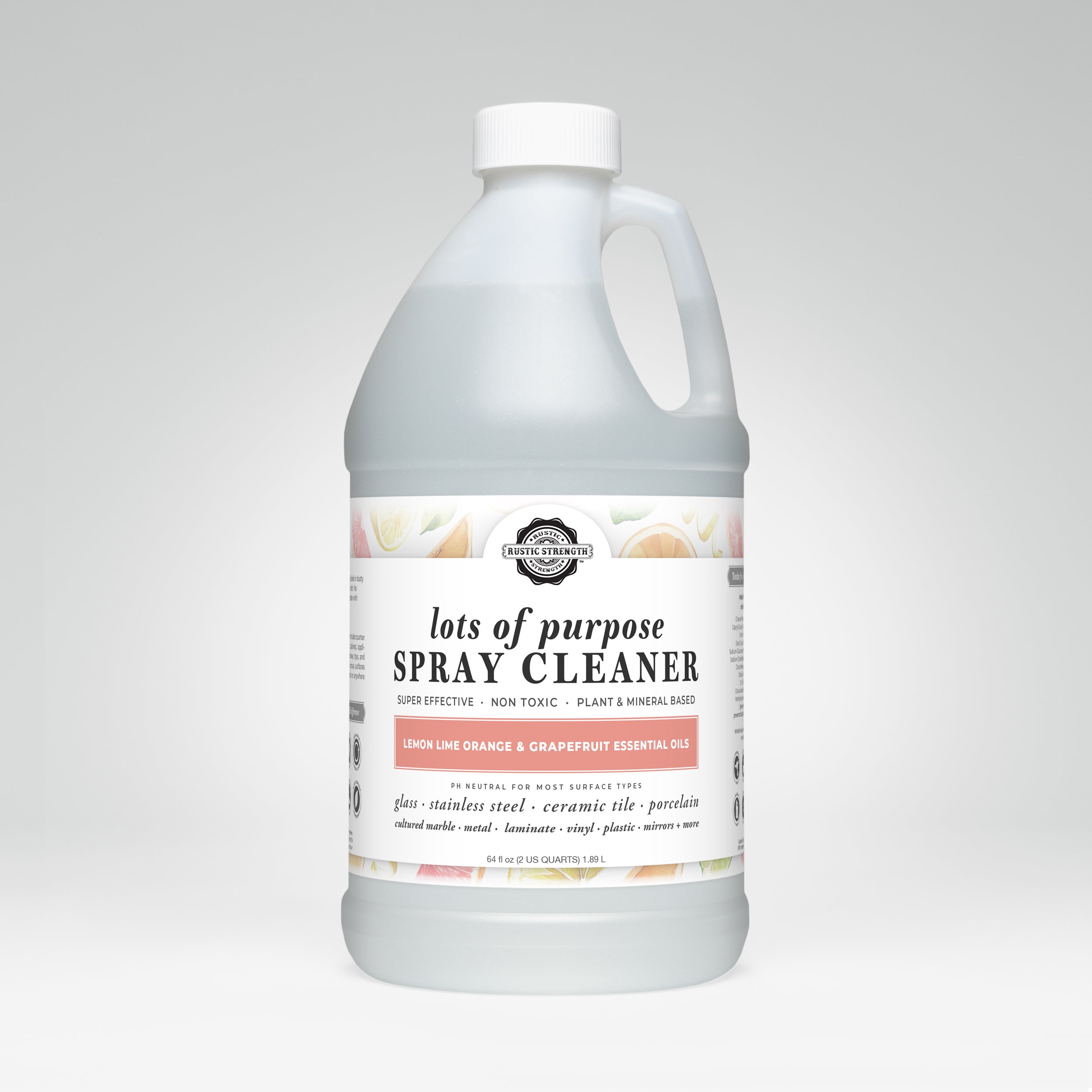 Gallon bottle of 'lots of purpose' spray cleaner on a white background